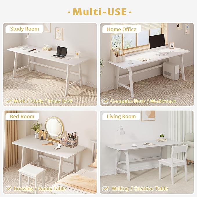 IOTXY Solid Wood Writing Table - 60" W x 24" D Minimalist Computer Desk for Home Office, Work, Study, Creativity, and PC Workstation, White