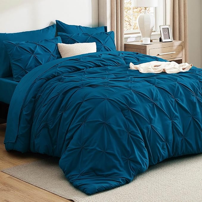Bedsure Full Comforter Set Teal - Bed in a Bag Full Size Bedding Set 7 Pieces, GentleSoft™ Pintuck Bed Set Gift for Family, Pinch Pleat All Season Comforter with Sheets, Pillowcases & Shams