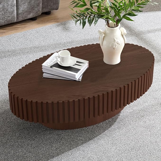 Oval Coffee Tables for Living Room 43.3" Olive-Shaped Fluted Coffee Table with Sturdy Pedestal Modern Wood Drum Coffee Table Contemporary Center Table for Farmhouse Apartment (Oval Walnut)