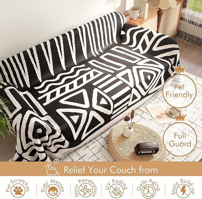 Couch Cover for 2-3 Cushion Couch Sofa Pet Friendly, Boho Sectional L Shaped Sofa Cover Washable for Dogs Cats Kids, Leather Furniture Protector Slipcover Decor for Living Room, 71"x118"