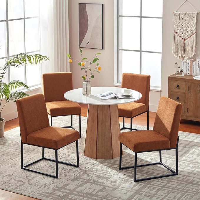 VKNOW Upholstered Dining Chairs Set of 2, Modern Dining Room Chairs, Linen Kitchen Chair Dinner Chair with Black Metal Base for Kitchen Office, Orange-Unstriped