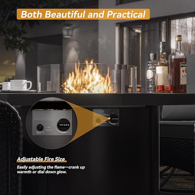 Kurapika 5 Pieces Patio Furniture Set, Rattan Wicker Outdoor Conversation Sets, 4 Woven Rattan Swivel Chairs w/48in Propane Fire Pit Table and Thickened Cushions, Grey