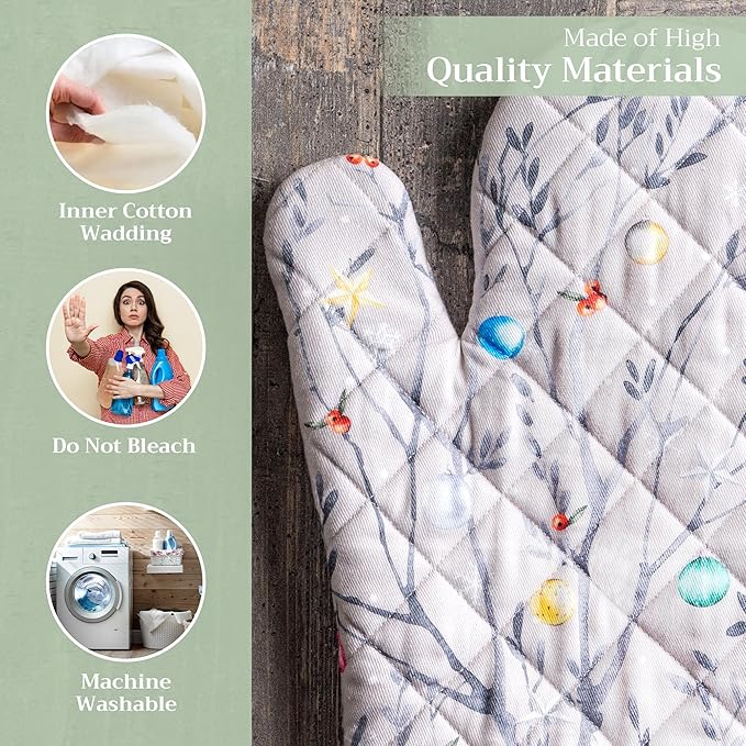 Maison d' Hermine Oven Gloves 100% Cotton Oven Mitt 7" x 13" with Loop Heat Resistant BBQ Cooking Gloves for Thanksgiving Christmas Decorations Baking Handling Hot Pans (Pack of 1, Fairy Christmas)