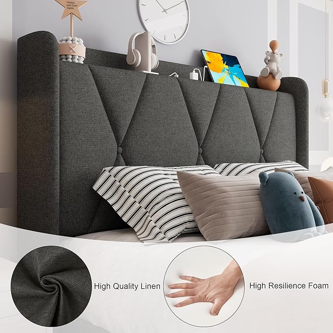 Feonase Twin Bed Frame with 3 Storage Drawers, Upholstered Platform Bed with Charging Station, Wingback Storage Headboard, Heavy Duty Wooden Slats, No Box Spring Needed, Easy Assembly, Dark Grey