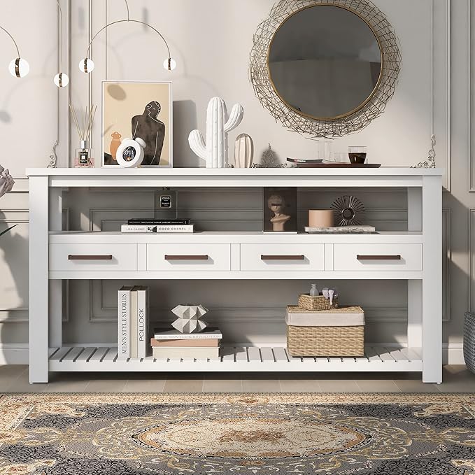 Modern 62'' Console Table Sofa Entryway Table with 4 Drawers and 2 Shelves, Acacia Wood Kitchen Buffet Cabinet Sideboard, Accent Table Furniture for Entryway Kitchen Living Room (White-4DE)