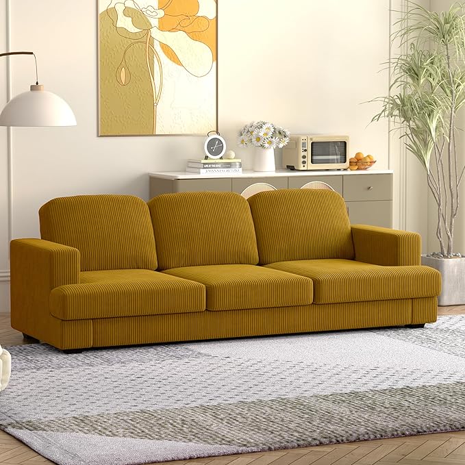 WiberWi 87 inch Couches for Living Room, Comfy 3 Seater Sofa with Deep Seat, Modern Corduroy Couch with Wide Armrests, Upholstered Backrests with Removable Cover, Mustard