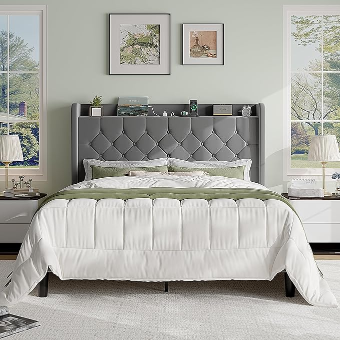 SHA CERLIN Full Size Platform Bed Frame with Charging Station, Velvet Wingback Headboard with Storage Shelf, Wooden Slats Support, Ample Under-Bed Space, No Box Spring Needed, Easy Assembly, Grey
