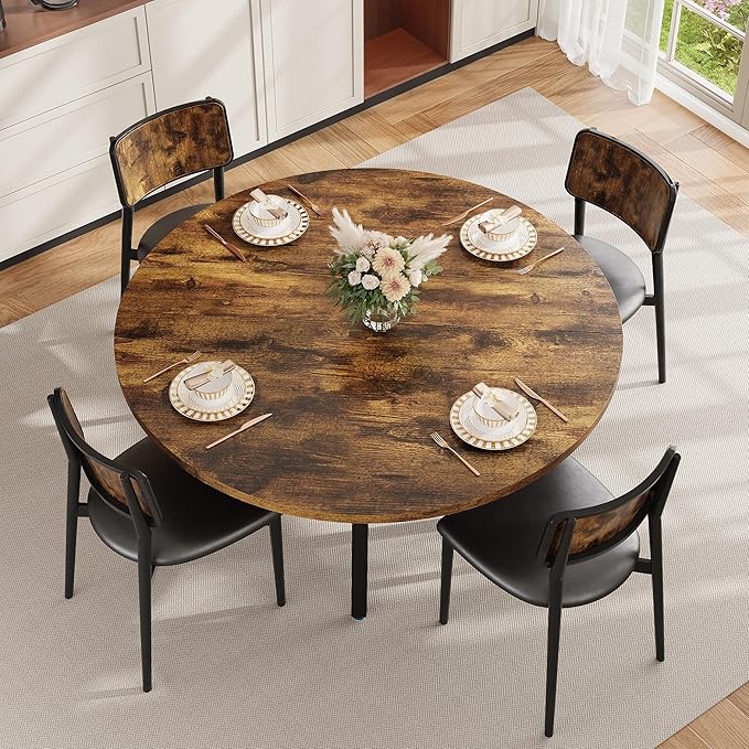 IDEALHOUSE Round Dining Table for 4-6, 47 Inch Kitchen Table with Sturdy Metal Frame, Space Saving Circle Dining Room Table for Small Space (Table Only), Rustic Brown