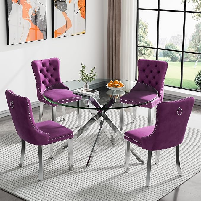 Goujxcy 5 Piece Round Glass Dining Table Set for 4, 47" Round Dining Table & Chair Set Modern Circle Glass Kitchen Table and 4 Velvet Upholstered Chairs for Kitchen Dining (Silver & Pueple Chair)