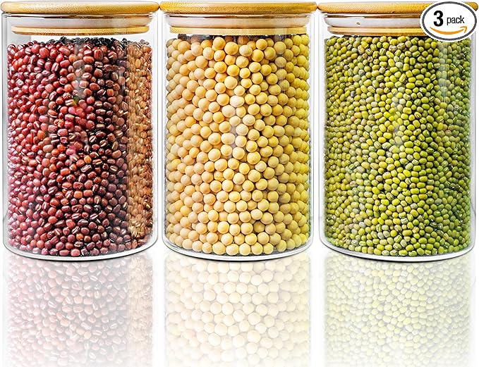 45oz - 3 Pack Glass Jars with Bamboo Lids, Glass Pantry Storage Containers with Airtight Lids, Round Air Tigh Food Storage Canisters for Cereal, Pasta, Flour, Sugar, Rice, Best for Kitchen Organizer