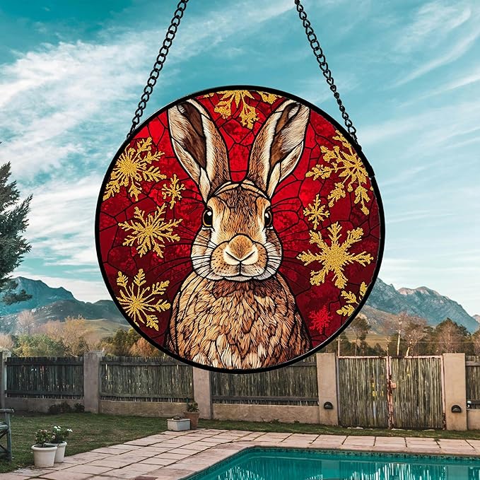 Stained Glass Window Hanging 4 Pcs Set Red Golden Snowflakes Large 15" - Christmas Elk Rabbit Suncatcher Door Garden Sun Catcher Decor Birthday for Mom Woman Nana Men