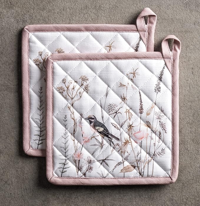 Maison d' Hermine Pot Holders Set 100% Cotton Heat Resistant Potholders 8" x 8" Hot Pads with Loop BBQ, Cooking, Grilling, Kitchen, Handling Hot Pans Spring/Summer (Pack of 2, Meadow Florals - Brown)