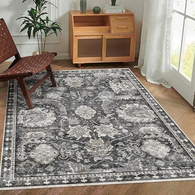 RUGSURE 5x7 Washable Area Rugs - Perfect Resistant Rug for Living Room, Bedroom, Kids Room, Nursery - Stain & Water Resistant Non-Slip, Pet & Child Friendly, Vintage Tribal Area Rugs (Grey, 5'x7')