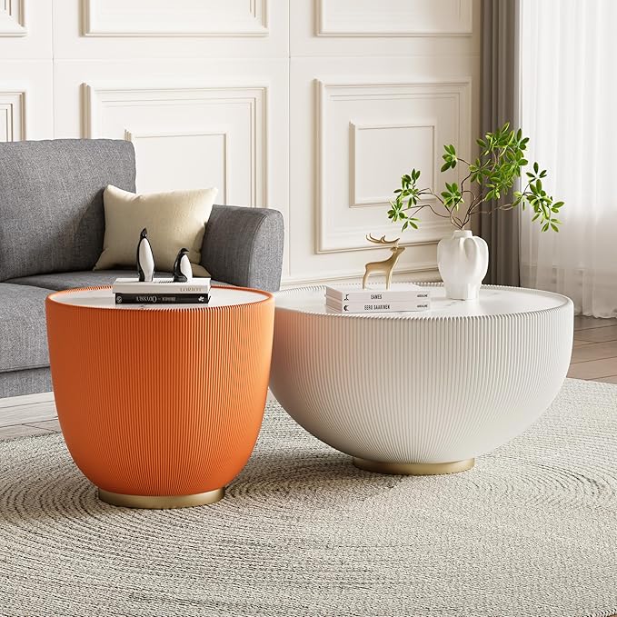 Round Coffee Table Set with Sintered Stone Tabletop, 27.56" White Drum Center Table and 19.69" Orange Coffee Table Set, 2 Pieces Living Room Table Set with Fluted PU Leather Cover& Metal Base