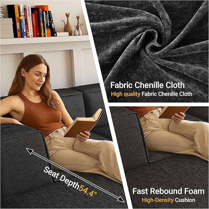 97" Sectional Compressed Sofa Modular Couches,High-Density Foam No Assembly Required,3-Piece(1xCorner 3xArmless) for Living Room, Chenille Dark Grey
