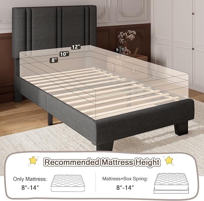 iPormis Twin Platform Bed Frame with Fabric Upholstered Headboard & Thickened Legs, Mattress Foundation with Solid Wooden Slats Support, No Box Spring Needed, Noise Free, Dark Grey