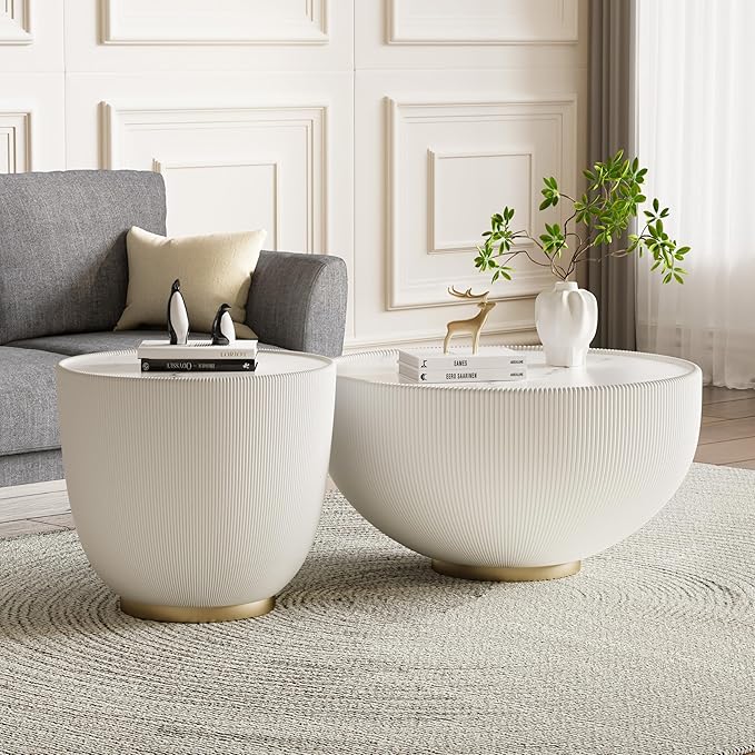 Round Coffee Table Set with Sintered Stone Tabletop, 27.56" White Drum Center Table and 19.69" White Coffee Table Set, 2 Pieces Living Room Table Set with Fluted PU Leather Cover& Metal Base