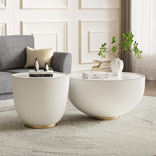 Round Coffee Table Set with Sintered Stone Tabletop, 27.56" White Drum Center Table and 19.69" White Coffee Table Set, 2 Pieces Living Room Table Set with Fluted PU Leather Cover& Metal Base