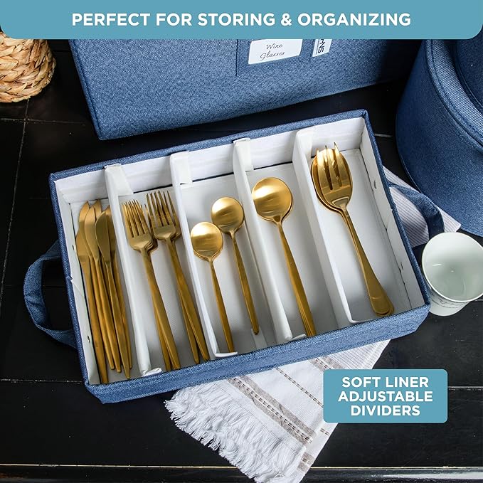 Hard Shell China Storage Containers 8-Piece Set Moving Boxes for Dinnerware, Glasses, Plates, Mugs and Saucers Sturdy Dish Organizer with Dividers for Seasonal Storage - Service for 12 - Denim Blue