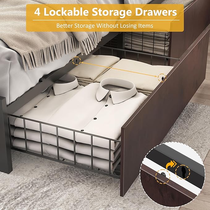 Lifezone Full Bed Frame with 2-Tier Storage Headboard, Metal Platform Bed Frame with 4 Storage Drawers, Built in Charging Station & LED, Noise-Free/Metal Support/No Box Spring Needed, Coffee Brown