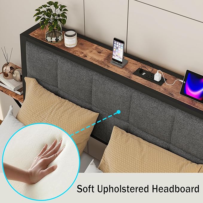 Queen Metal Bed Frame with Ergonomic Upholstered Headboard and Charging Station, Platform Bed Frame with Storage Shelves, Heavy Duty Metal Slats, No Box Spring Needed, Brown+Grey