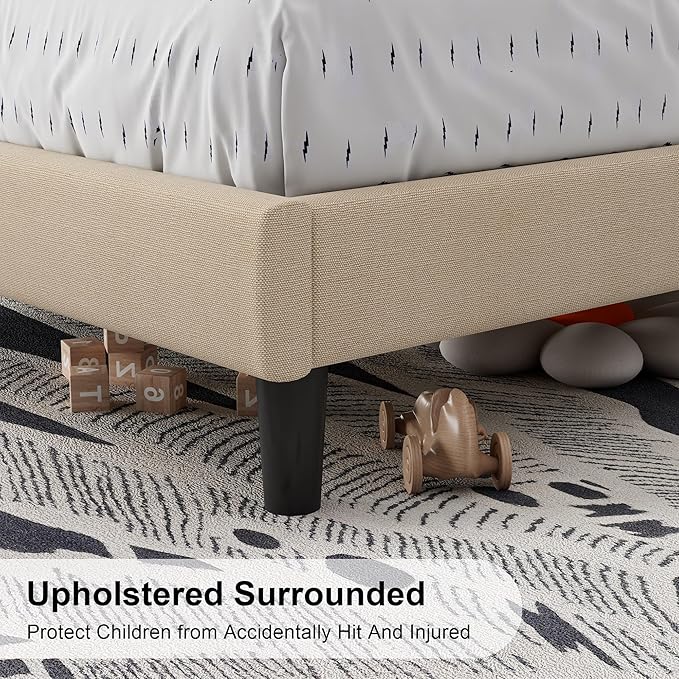 Feonase Twin Size Bed Frame with Charging Station, Upholstered Linen Bedframe with Wingback Headboard, Solid Wood Slats Support, No Box Spring Needed, Noise Free, Beige