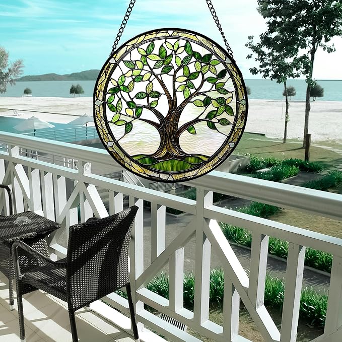 Stained Glass Window Hanging - Brown Tree Trunk Green Leaves Sun Catcher for Door Garden Home Decor Plant Suncatcher Christmas Mother's Day Birthday Gifts for Women Men Mom Nana 7.8 in