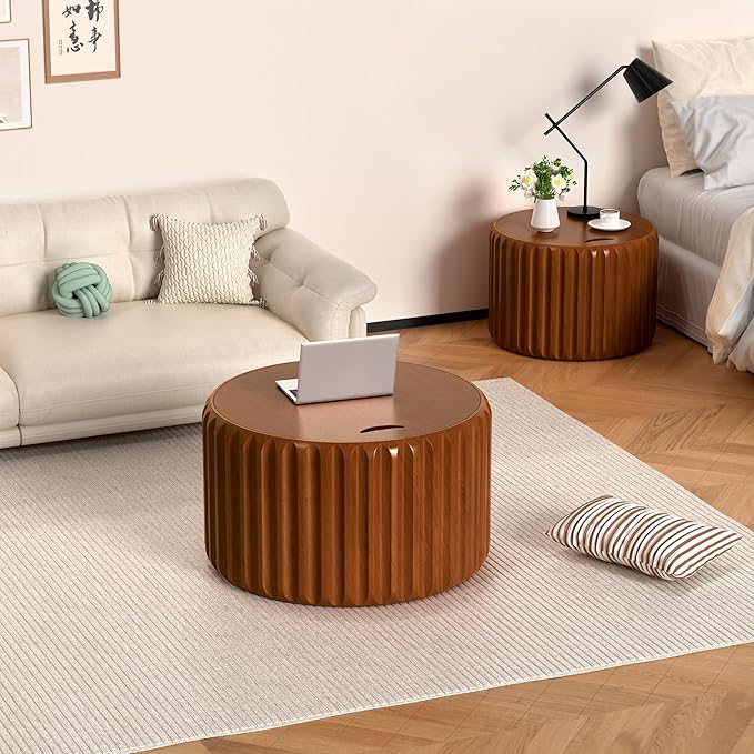 26" Round Nesting Coffee Table Set of 2 with Storage, Modern Round Wood Fluted Coffee Tables with Storage for Living Room Nesting End Table for Small Space (A Walnut)