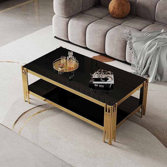 48" Rectangular Glass Coffee Table for Living Room, Luxury 2-Tier Center Table with Gold Stainless Steel Frame, Modern Black Glass Accent Coffee Cocktail Table w/Storage Shelf