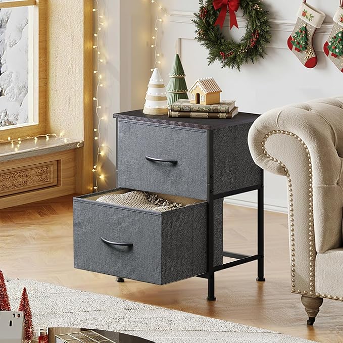 WLIVE Nightstand, 2 Drawer Dresser for Bedroom, Small Dresser with 2 Drawers, Bedside Furniture, Night Stand, End Table with Fabric Bins for Bedroom, Closet, Entryway, College Dorm, Dark Grey