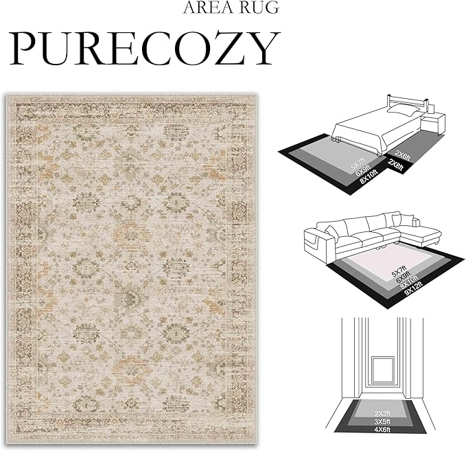 Beige 8x10 Area Rug Non Slip Large Vintage Living Room Distressed Machine Washable Retro Carpet Indoor Bedroom Traditional Floral Accent Throw Rug for Office Kitchen Dorm Dining Room