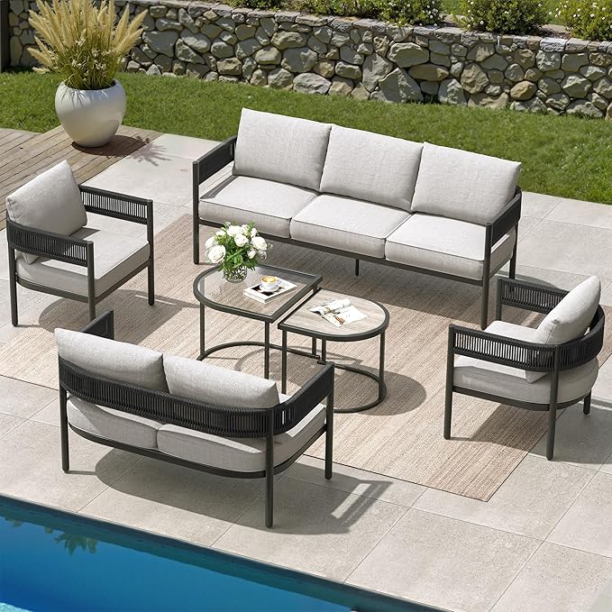 Grand patio 6-Piece Outdoor Furniture Set, 7 Seats Wicker Sofa Conversation Set with 3-Seat Couch, Thick Cushions and Coffee Table, for Backyard, Balcony, Garden (Beige)