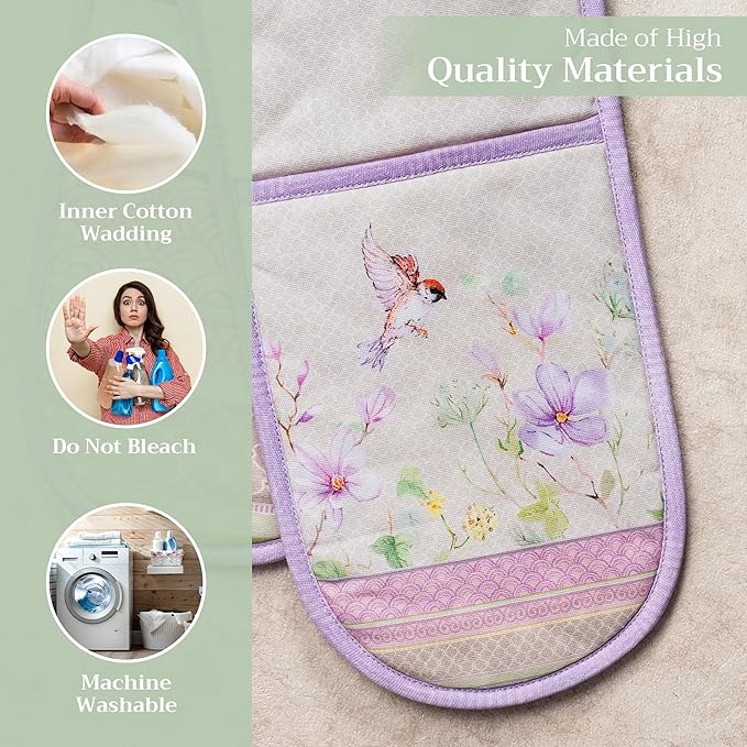 Maison d' Hermine Double Oven Mitts 100% Cotton 7"x35" Double Oven Mitt Heat Resistant BBQ Cooking Gloves with Loop, Baking, Grilling, Home, Kitchen, Handling Hot Pan Spring Summer (Magnolia Mornings)