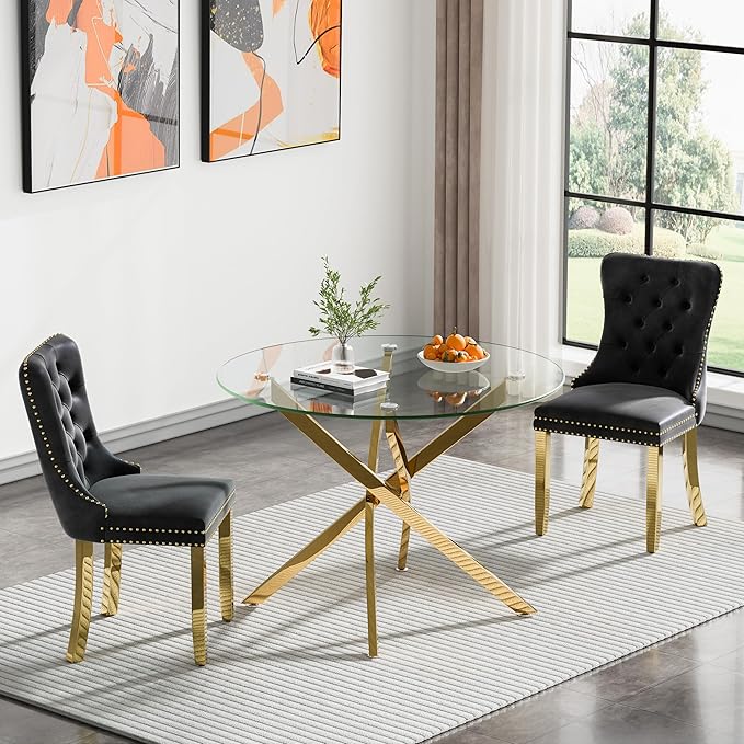36" Round Glass Dining Room Table for 4 with Tempered Glass Top and Gold Chrome Metal Legs, Modern Clear Kitchen and Dinner Table for Home Office Dining Room