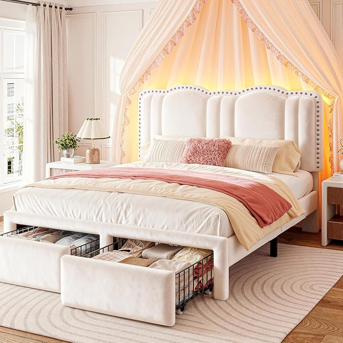 EnHomee Queen Bed Frame with LED, Velvet Upholstered Cloud Headboard and Drawers, Bed Frame Queen Size with Height Adjustable Headboard, Solid Wooden Slats, No Box Spring Needed, Easy Assembly, Cream