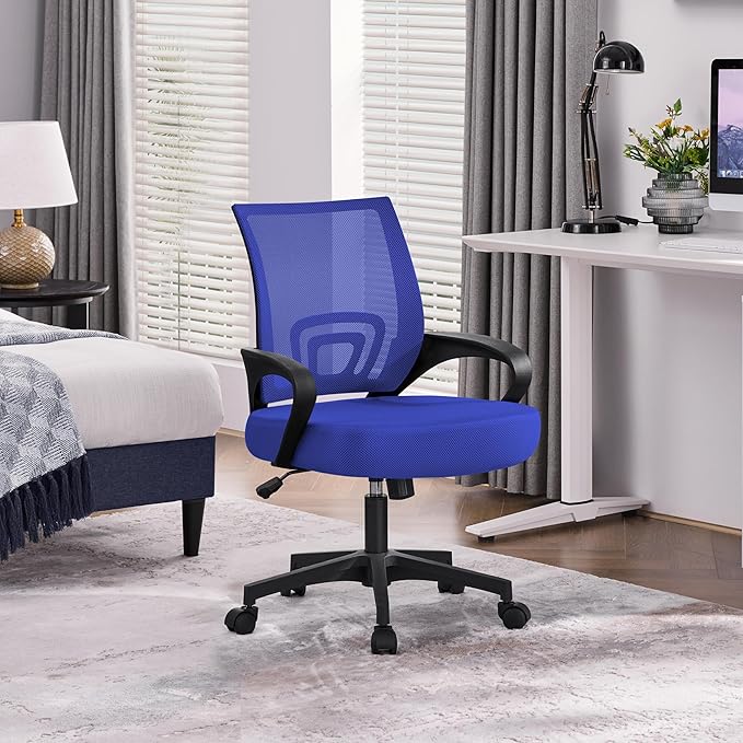 Yaheetech Mid-Back Mesh Office Chair Adjustable Ergonomic Computer Task Chair Swivel Rolling with Lumbar Support Armrest for Home Office Work Study, Blue