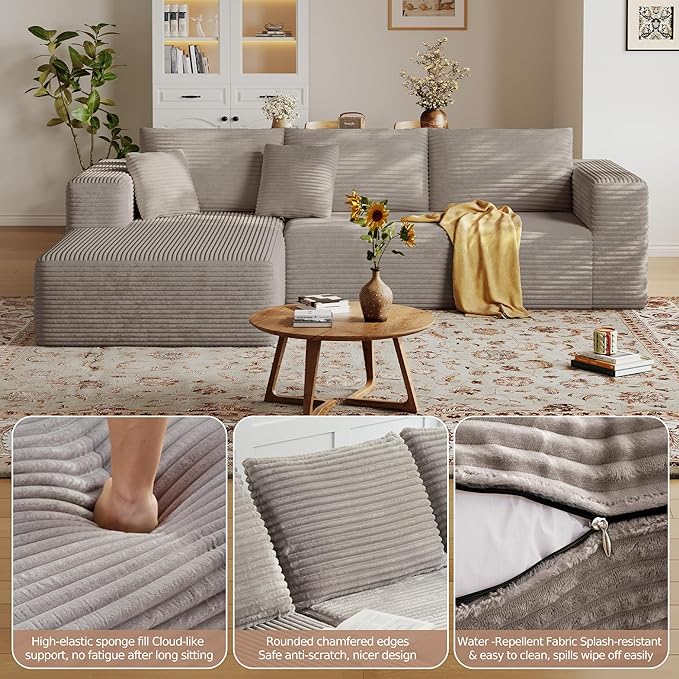 108'' Modular Sectional L-Shaped with Chair,Deep Seat Boneless Corner Couch for Living Room,Plush Corduroy Couch with Detachable Sofa Set,No Assembly(Left Facing Chaise,Camel)