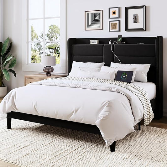 Allewie Queen Size Platform Bed Frame with Charging Station & Storage Headboard, Upholstered Velvet Wingback Design & USB Port, Strong Wooden Slats Support, No Box Spring Needed, Easy Assembly, Black