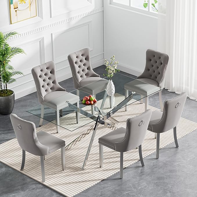 60.6'' Tempered Glass Dining Table for 4-6 People, Rectangle Kitchen Table with X-Base Metal Legs, Adjustable Feet, Glass Top Desk for Home Office Silver Dining Room Table for 6