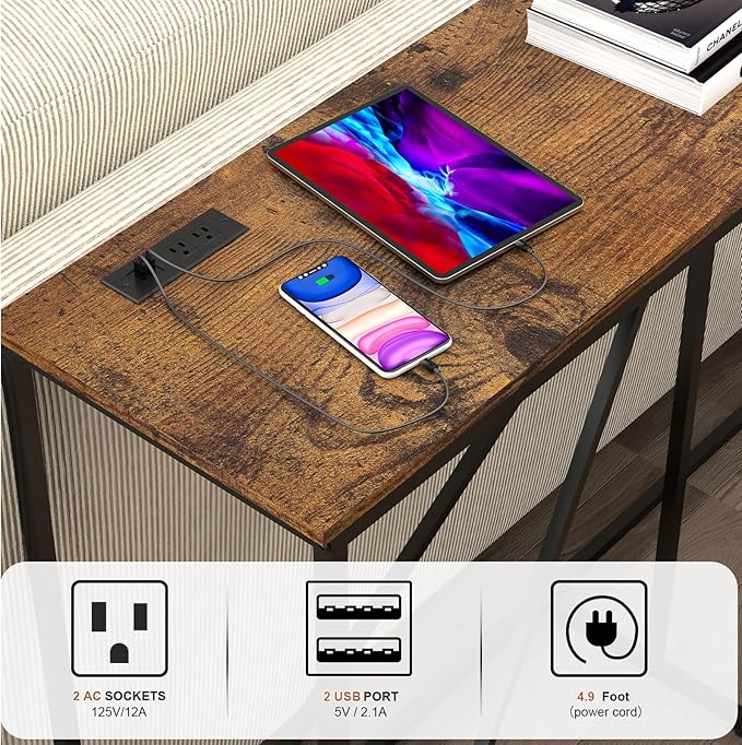 Console Table, 51" W × 12" D × 31.5" H Sofa Table Behind Couch, Entryway Table with Electrical Outlet & USB Ports, Industrial Pyramid Metal Base Console Table for Entryway, Rustic Brown