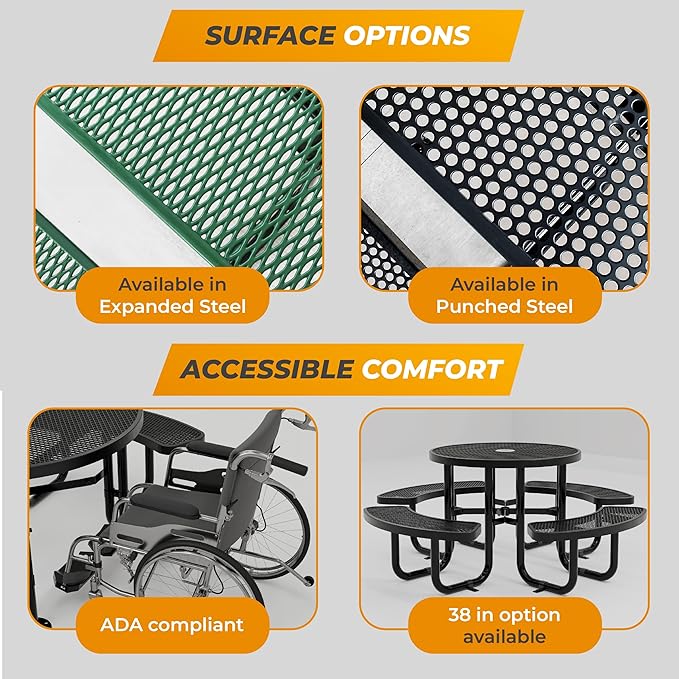 Metal Picnic Tables for Outdoors with Umbrella Hole - Coated Steel Heavy Duty Commercial Grade Furniture Set with Adjustable Seats (Blue, 46 in, Round, Expanded Steel)