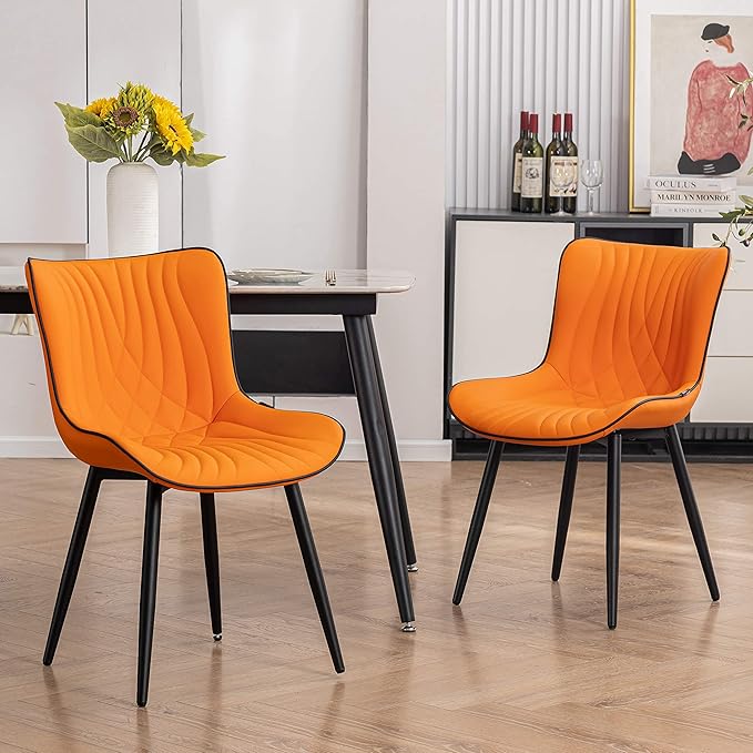 YOUTASTE Dining Chairs Set of 2, Mid Century Modern Upholstered Faux Leather Kitchen Room Chairs, with Black Metal Legs, Armless Accent Chair for Living Room, Bedroom, Vanity, Orange