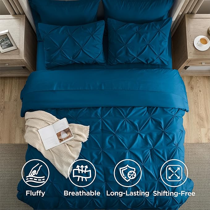 Bedsure Full Comforter Set Teal - Bed in a Bag Full Size Bedding Set 7 Pieces, GentleSoft™ Pintuck Bed Set Gift for Family, Pinch Pleat All Season Comforter with Sheets, Pillowcases & Shams