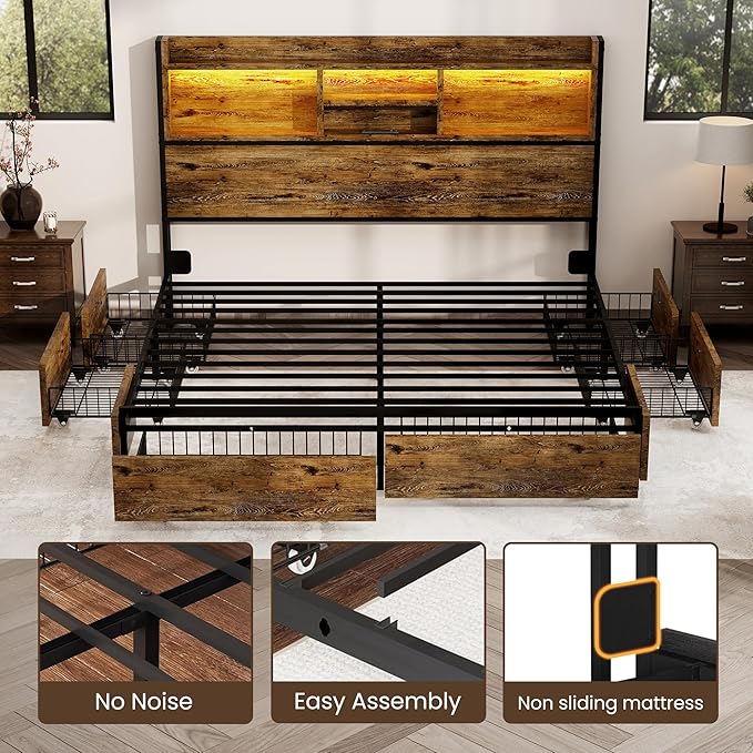 King Storage Bed Frame with 6 Drawers, USB Charging Station, No Noise, No Box Spring Required, Vintage Brown Headboard Platform Bed