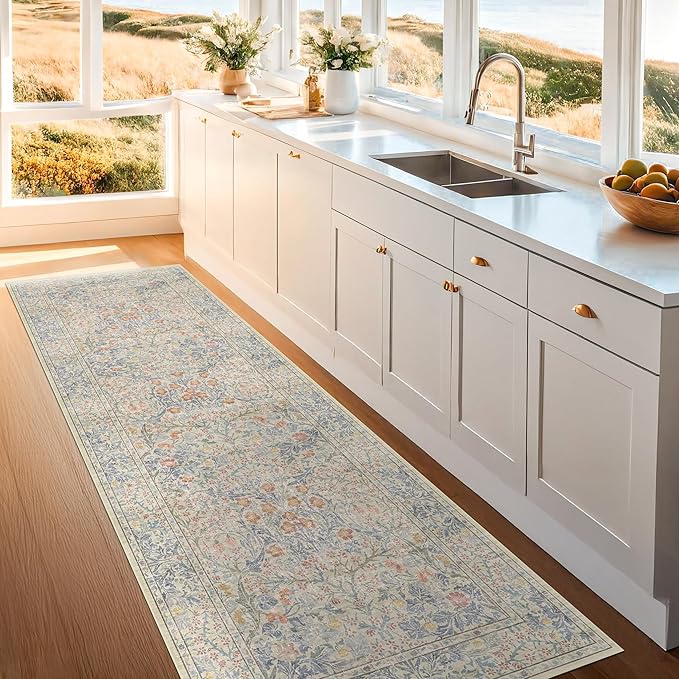 Vintage Beige Blue 2'6" x 8' Runner Rug for Hallway, Kitchen, Bathroom, Entryway Indoor, Washable Non Slip Rubber Backing Stain Resistant - Botanical Home Decor