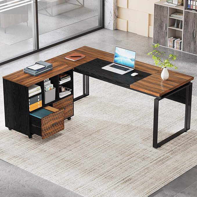 Tribesigns L-Shaped Executive Desk with Reversible File Cabinet, 63" Office Desk with Storage Drawers, L-Shaped Computer Desk with Drawer Cabinet for Hanging Letter Size Files (Brown+Black)