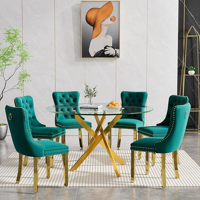 Goujxcy Round Dining Table Set for 6, Modern Glass Kitchen Table and Chairs Set of 6, 7-Piece Dining Room Table Set w/47 Circle Gold Glass Dining Table and 6 Upholstered Velvet Chairs