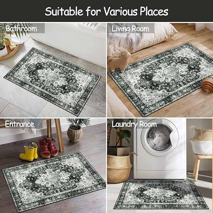 Moynesa Washable 2x3 Entryway Rug Small Front Door Mat, Black and White Kitchen Rugs Non Skid Non-Slip with Rubber Backing, Distressed Low Pile Throw Carpet for Indoor Outside Entrance