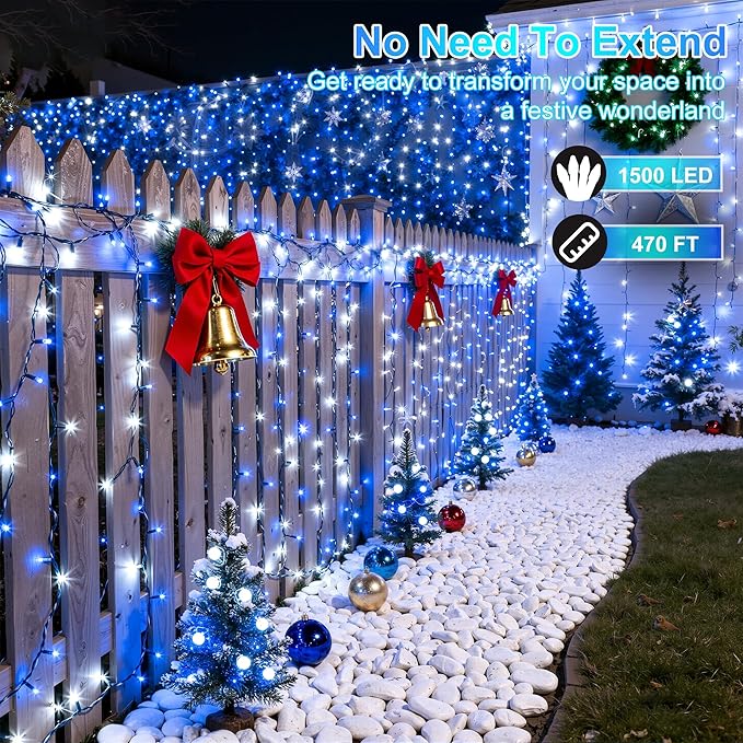 470FT 1500LED Christmas Lights, 12 Modes Blue and Cool White Outdoor String Lights with Timer & Dimmable, Waterproof Green Wire Christmas String Lights for Indoor Tree Xmas Patio Fence Wedding Party
