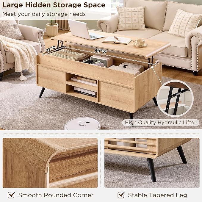 RedLemon 48" Lift top Coffee Table, mid Century Modern Coffee Table with Slatted Sliding Door, Hidden Storage Compartment, 4 Storage Shelves, Center Table for Living Room, Office, Natural Oak
